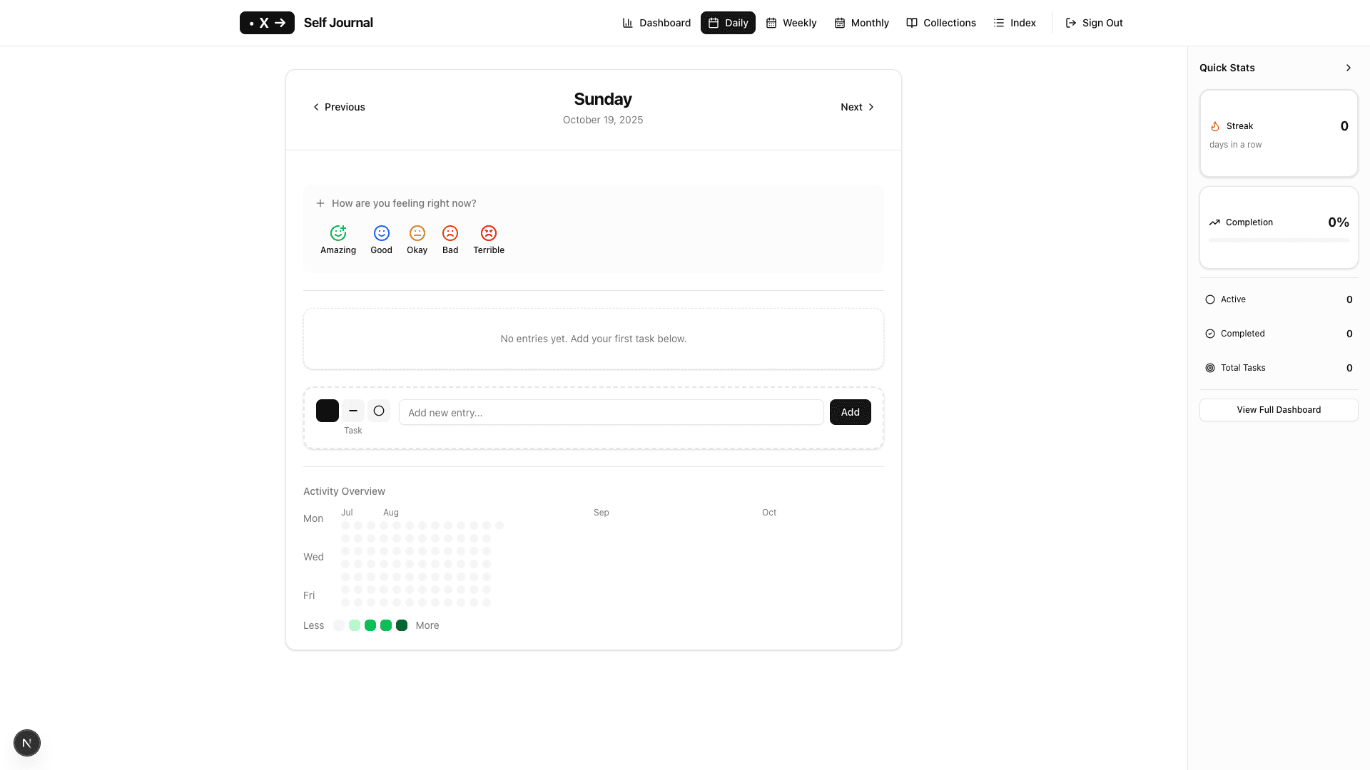 Daily Journal View - Bullet journal style daily logging with tasks, events, and notes